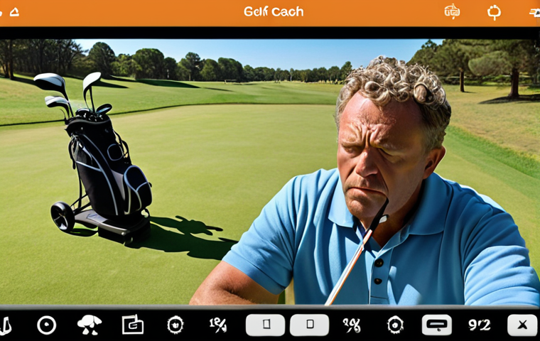 A golf coach on a sunny golf course, surrounded by modern equipment like a launch monitor or tablet, appears mentally exhausted and overwhelmed. Their expression conveys a hidden burden of stress and constant demands, contrasting with the bright, idyllic environment. Subtle visual elements like faint digital data overlays or notification icons could hint at the mental overload they experience.