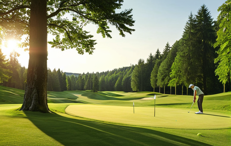 **Prompt:** A golfer deeply focused, practicing mindfulness on a lush green golf course, soft sunlight filtering through the trees, emphasizing mental strength and concentration. Keywords: Golf, mindfulness, concentration, mental strength, relaxation, Germany scenery