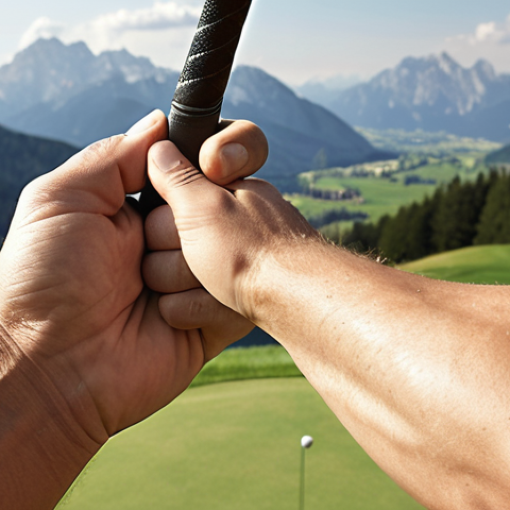 **

"Golf instructor correcting a student's grip. Focus on the V-shape formed by the thumb and index finger pointing towards the right shoulder (for a right-handed golfer). Close-up on hands and golf club. Soft, natural lighting. Bavarian Alps in the background."

**