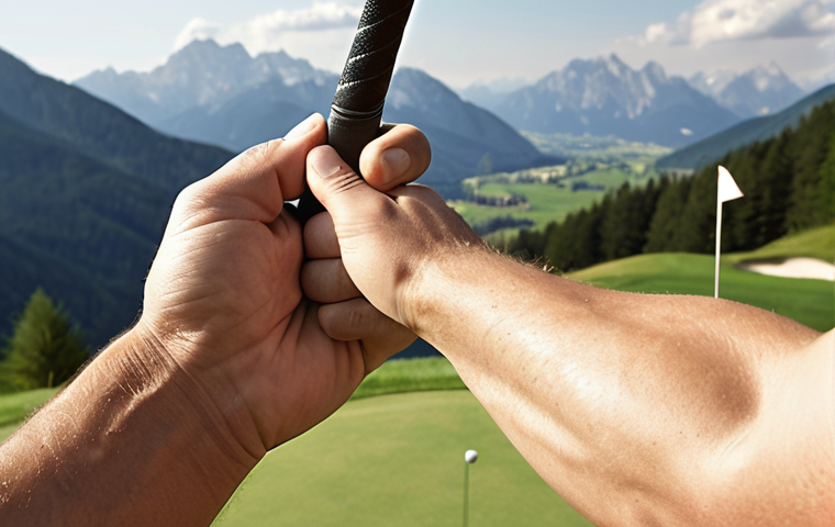 **
"Golf instructor correcting a student's grip. Focus on the V-shape formed by the thumb and index finger pointing towards the right shoulder (for a right-handed golfer). Close-up on hands and golf club. Soft, natural lighting. Bavarian Alps in the background."
**