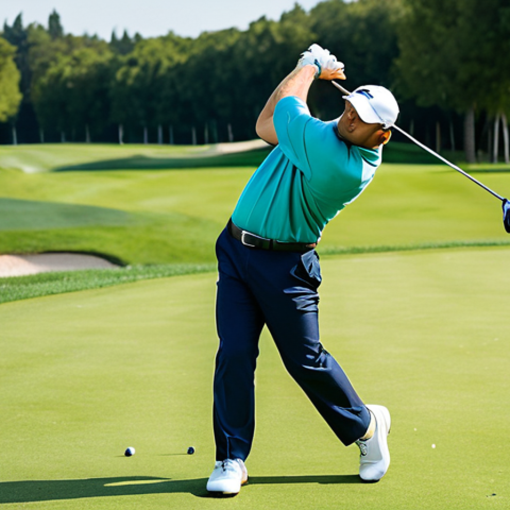 A professional male golfer in a modest polo shirt and trousers, executing a powerful, balanced golf swing on a pristine driving range. The scene captures the precision of motion, with a focus on correct body rotation and weight transfer. Bright daylight illuminates the lush green grass and a modern training facility in the background. Professional golf photography, perfect anatomy, correct proportions, natural pose, well-formed hands, proper finger count, natural body proportions, fully clothed, appropriate attire, safe for work, professional, high quality, ultra detailed.