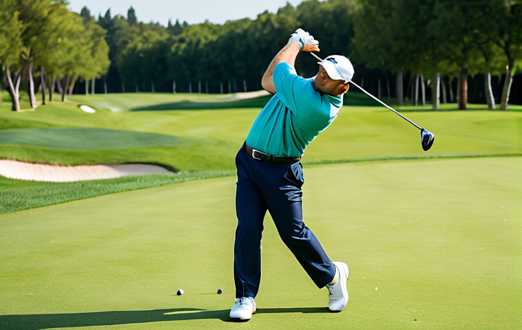 A professional male golfer in a modest polo shirt and trousers, executing a powerful, balanced golf swing on a pristine driving range. The scene captures the precision of motion, with a focus on correct body rotation and weight transfer. Bright daylight illuminates the lush green grass and a modern training facility in the background. Professional golf photography, perfect anatomy, correct proportions, natural pose, well-formed hands, proper finger count, natural body proportions, fully clothed, appropriate attire, safe for work, professional, high quality, ultra detailed.