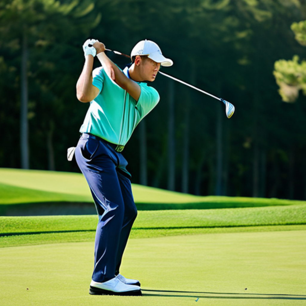 A professional male golfer in a natural, focused pose, fully clothed in modern, modest golf attire, exhibiting intense concentration and mental fortitude before a shot. He stands on a pristine, sun-drenched golf course, with lush green fairways and a clear blue sky. Professional photography, high resolution, soft lighting, sharp focus, perfect anatomy, correct proportions, well-formed hands, natural body proportions, safe for work, appropriate content, fully clothed, professional dress, family-friendly.
