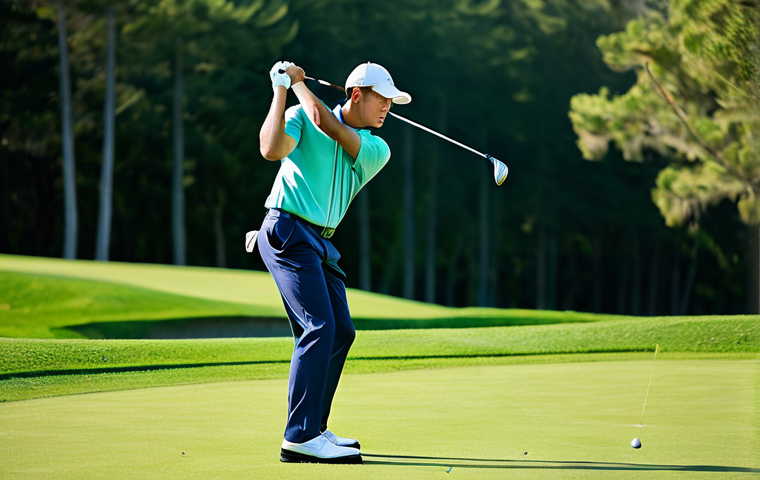 A professional male golfer in a natural, focused pose, fully clothed in modern, modest golf attire, exhibiting intense concentration and mental fortitude before a shot. He stands on a pristine, sun-drenched golf course, with lush green fairways and a clear blue sky. Professional photography, high resolution, soft lighting, sharp focus, perfect anatomy, correct proportions, well-formed hands, natural body proportions, safe for work, appropriate content, fully clothed, professional dress, family-friendly.