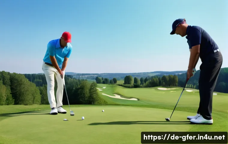 골프 티칭 자격시험 준비 전략 - A professional golf instructor coaching a diverse group of adult students on a sunny golf course in ...
