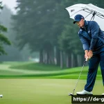골프 프로들이 겪는 어려움과 해결 방법 - A focused professional golfer practicing mental strength on a lush German golf course under overcast...