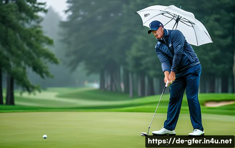 골프 프로들이 겪는 어려움과 해결 방법 - A focused professional golfer practicing mental strength on a lush German golf course under overcast...