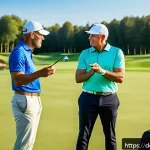 골프코치 창업 사례 - A professional golf coach conducting an outdoor training session at a German golf club, wearing appr...
