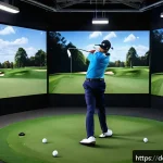 골프 스윙 분석 프로그램 사용법 - A modern golf training facility scene showcasing a professional golfer wearing smart athletic golf a...