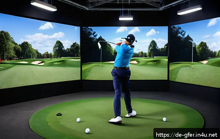 골프 스윙 분석 프로그램 사용법 - A modern golf training facility scene showcasing a professional golfer wearing smart athletic golf a...