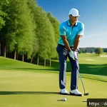 골프 스윙 이론 완벽 정리 - A detailed image of a male golfer in his mid-30s demonstrating the perfect golf stance on a lush gre...