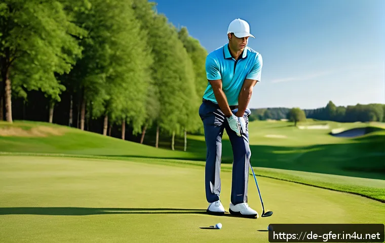 골프 스윙 이론 완벽 정리 - A detailed image of a male golfer in his mid-30s demonstrating the perfect golf stance on a lush gre...